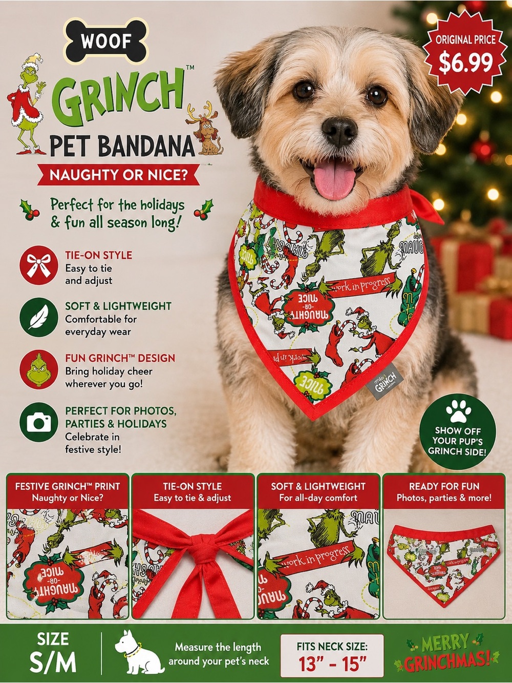 Grinch Pet Bandana for Dogs - Red Trim Holiday Bandana